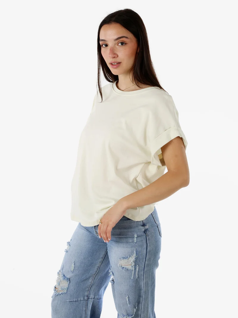 T-shirt donna in cotone con giromaniche risvoltate - panna