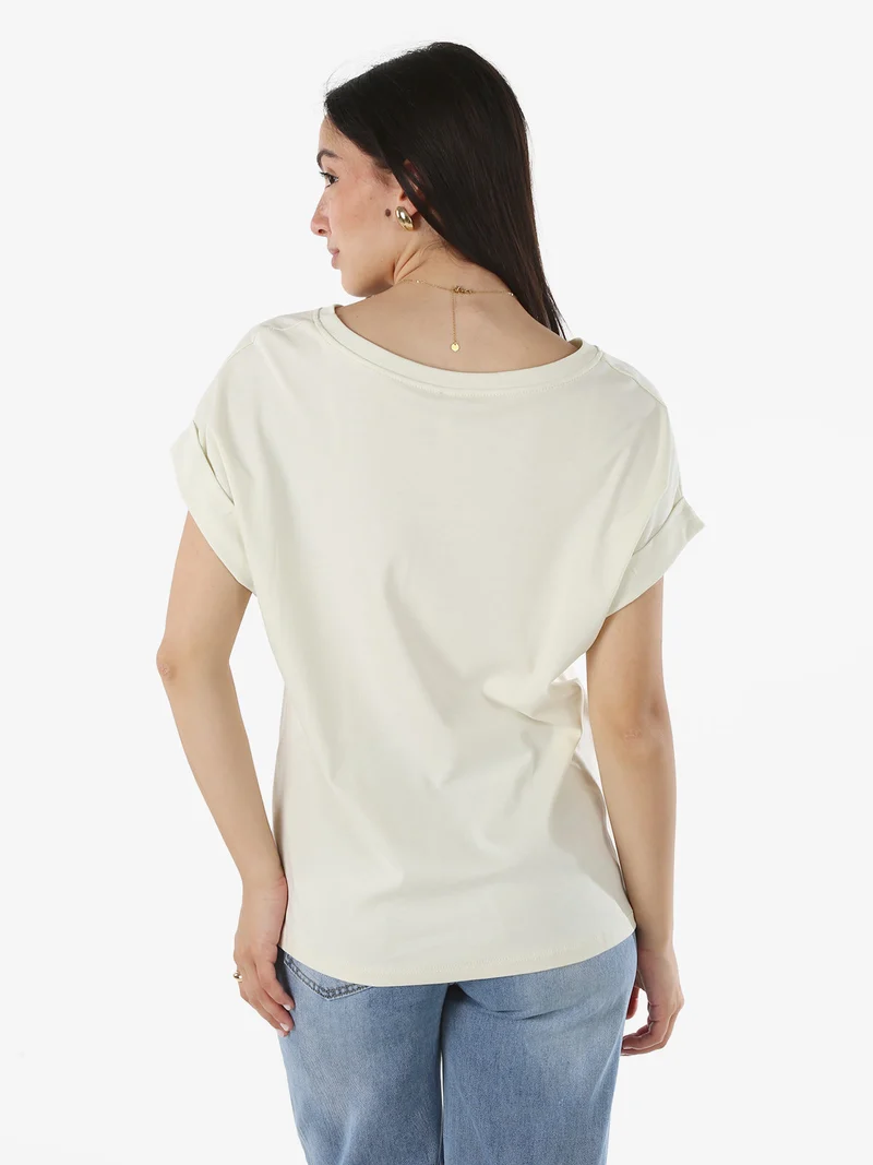 T-shirt donna in cotone con giromaniche risvoltate - panna
