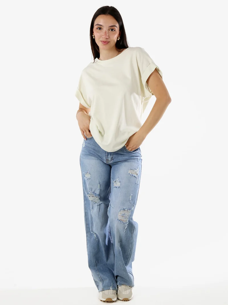 T-shirt donna in cotone con giromaniche risvoltate - panna