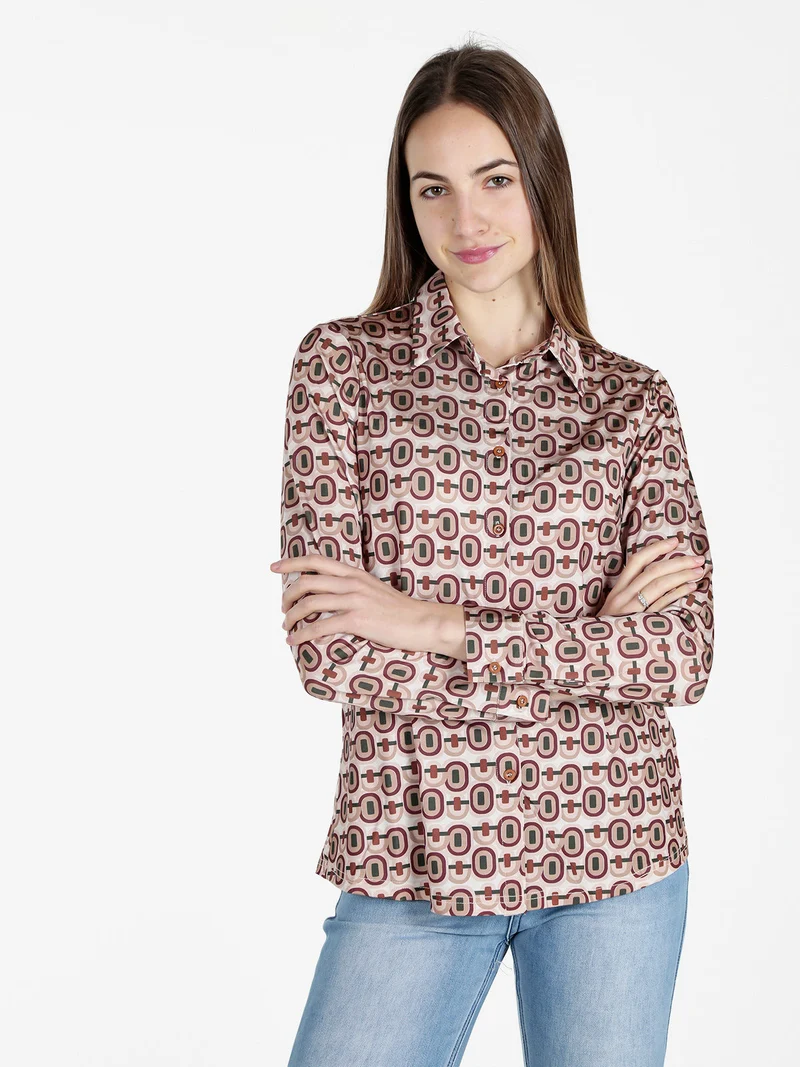 Camicia donna a maniche lunghe con stampe - beige