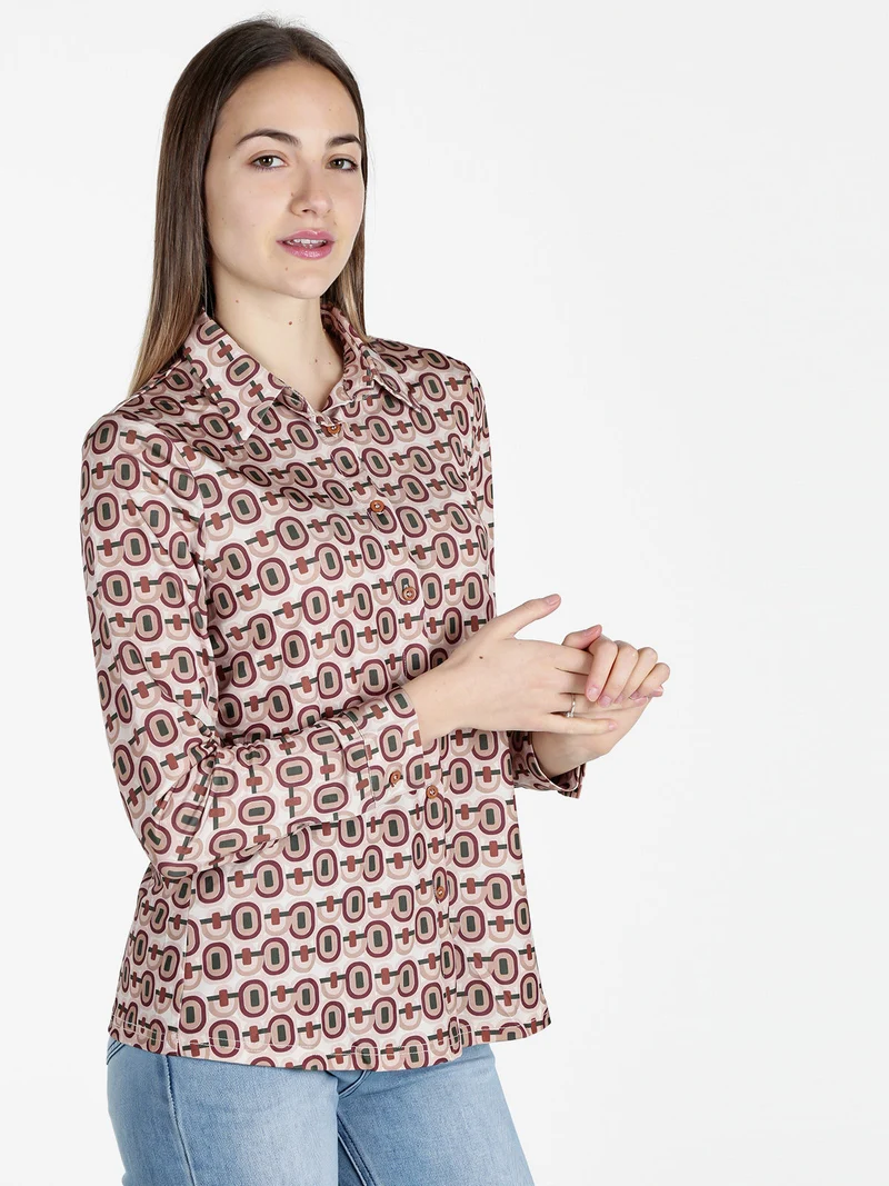 Camicia donna a maniche lunghe con stampe - beige