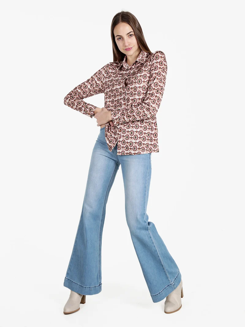 Camicia donna a maniche lunghe con stampe - beige