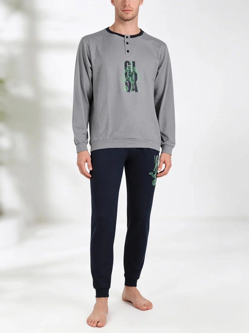 Pigiama lungo da uomo in misto cotone - grigio