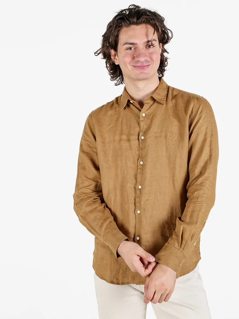 Camicia in lino da uomo a maniche lunghe - marrone