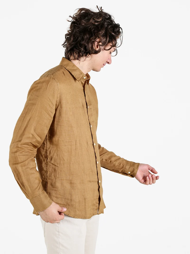 Camicia in lino da uomo a maniche lunghe - marrone
