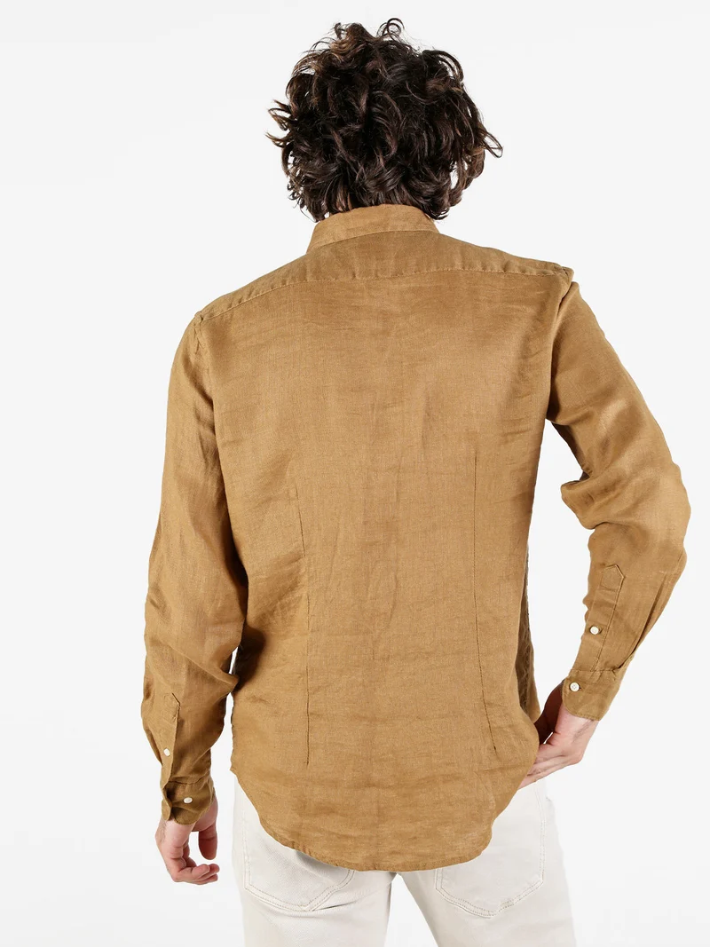 Camicia in lino da uomo a maniche lunghe - marrone