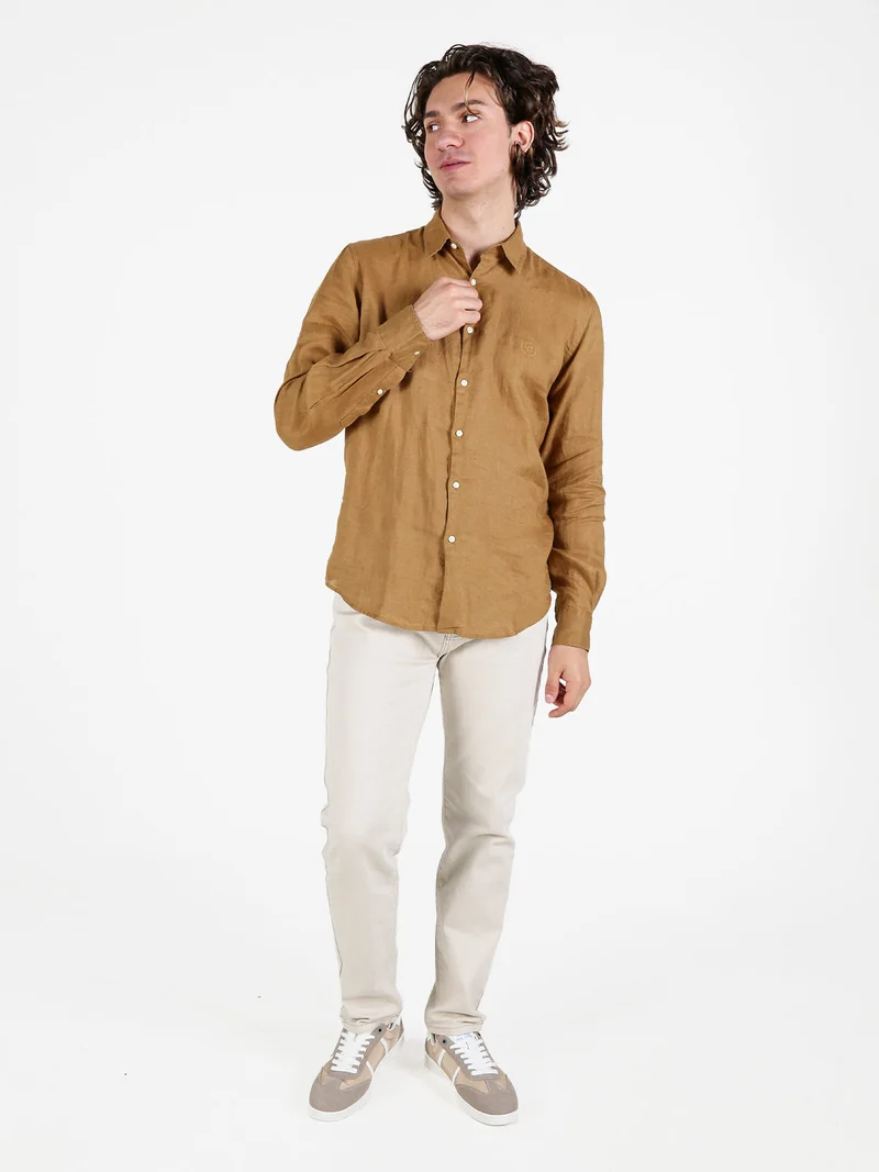 Camicia in lino da uomo a maniche lunghe - marrone
