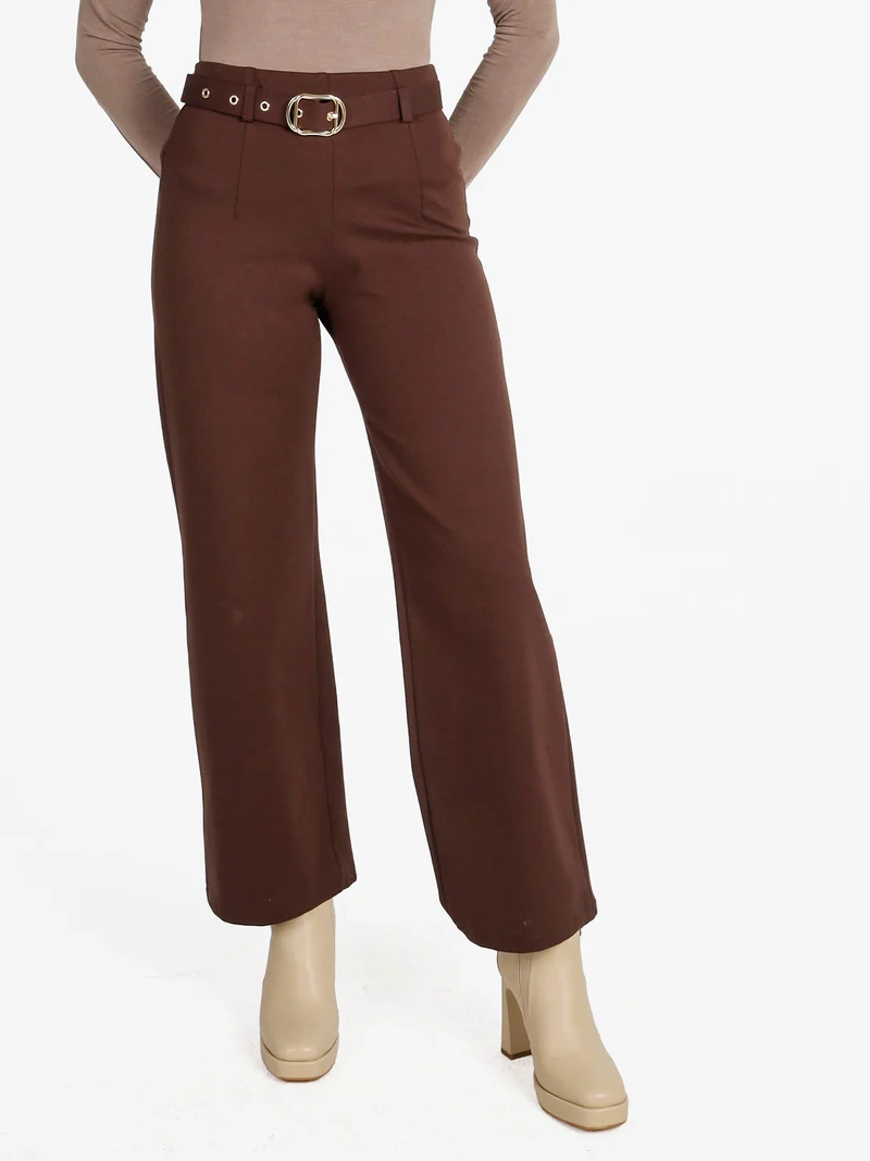 Pantaloni donna a vita alta con con cintura - moro