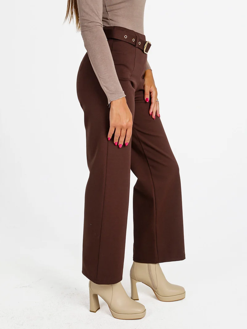 Pantaloni donna a vita alta con con cintura - moro