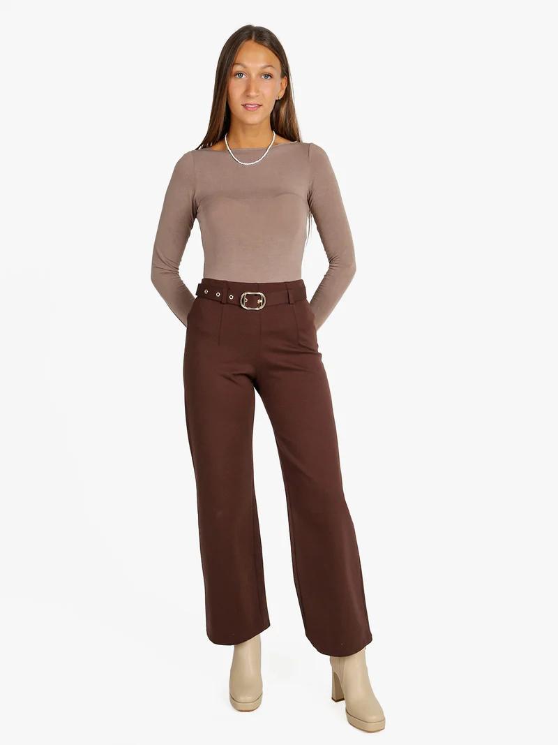 Pantaloni donna a vita alta con con cintura - moro