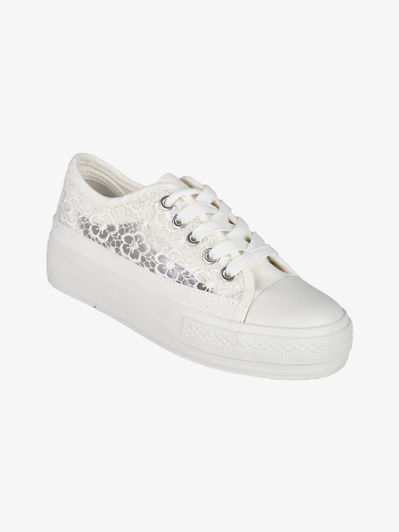 Sneakers ragazza con platform in macramè - bianco