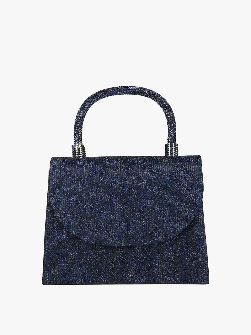 Borsa donna elegante con lurex brillanti e manico con strass - blu scuro