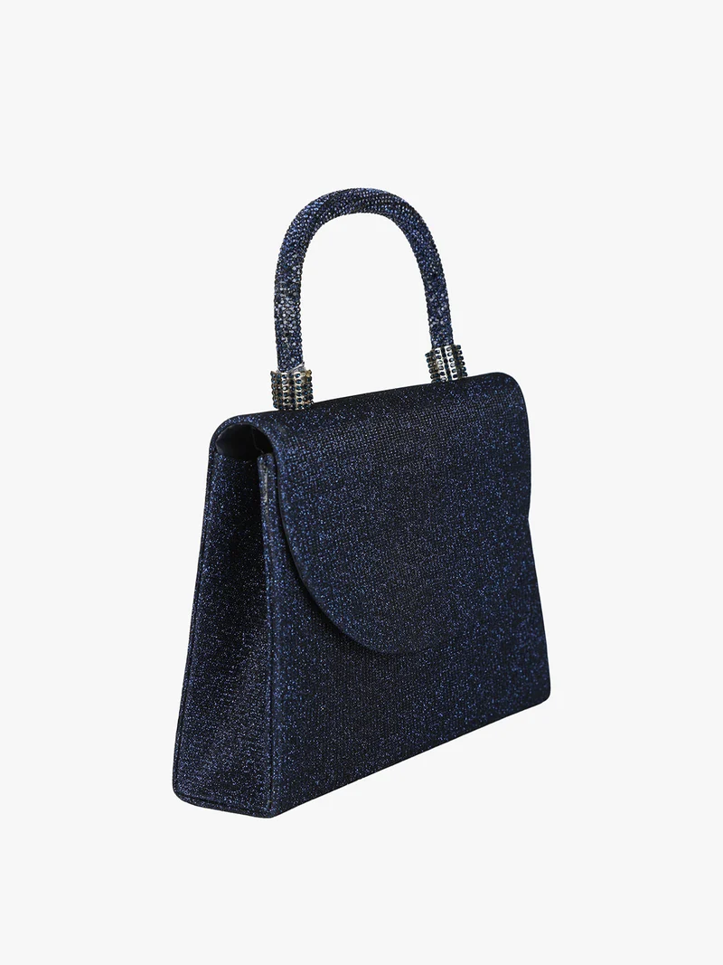 Borsa donna elegante con lurex brillanti e manico con strass - blu scuro