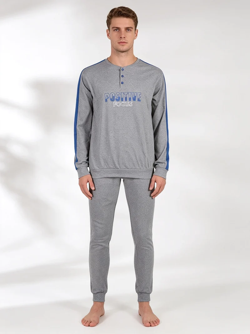 Pigiama lungo da uomo in misto cotone interlock - grigio