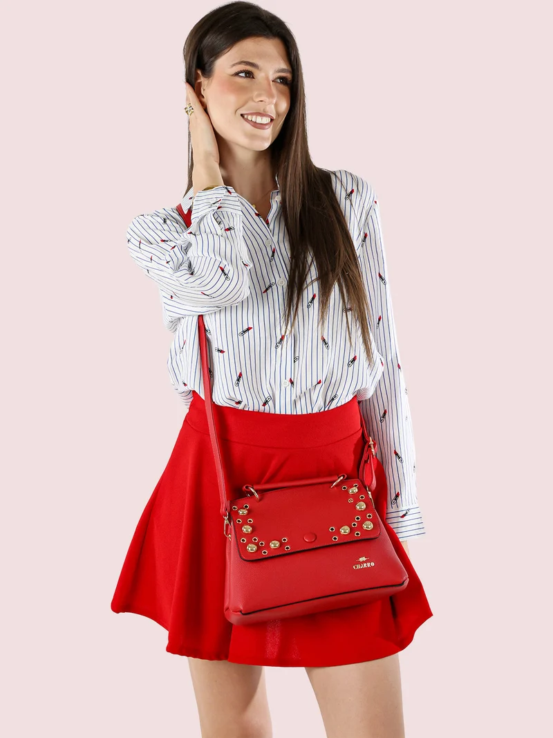 Borsa frame con tracolla e borchie - rosso