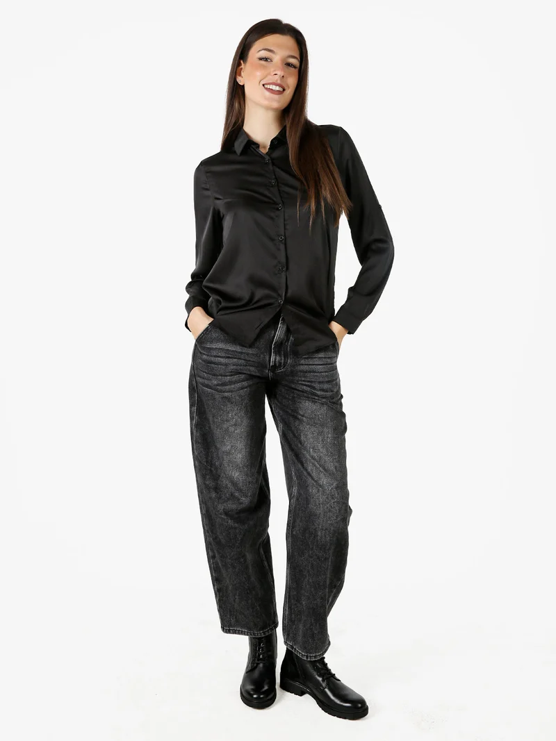 Camicia donna effetto raso a maniche lunghe - nero