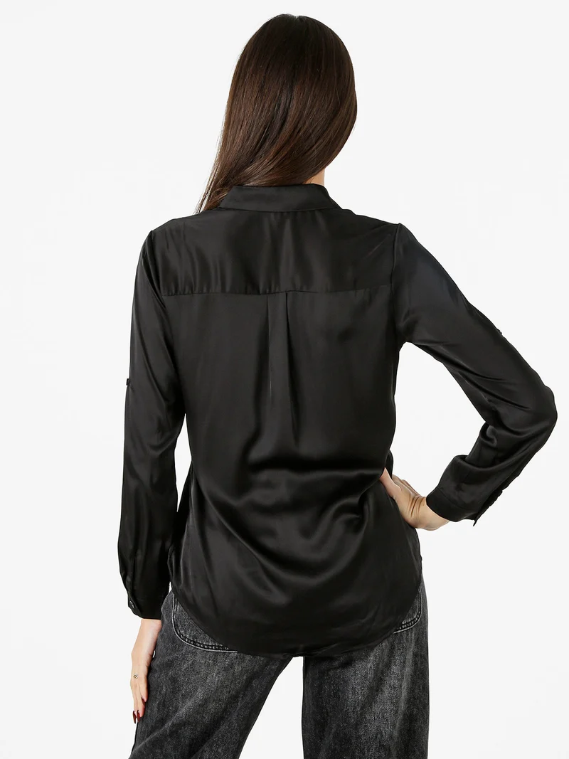 Camicia donna effetto raso a maniche lunghe - nero
