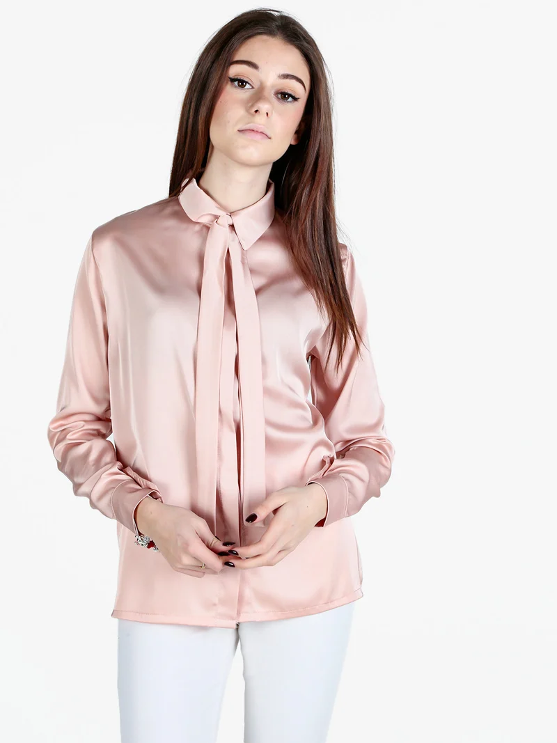 Camicia donna effetto raso con cravattino - rosa