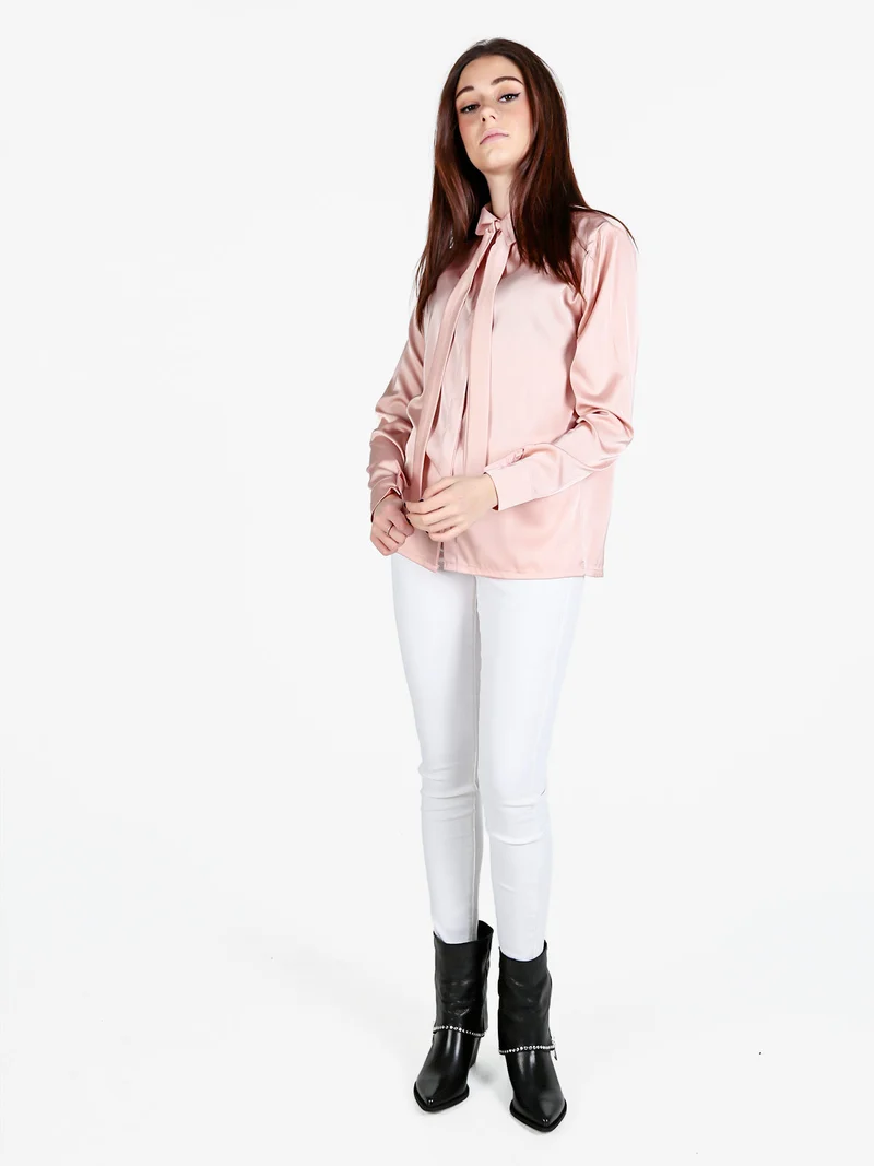 Camicia donna effetto raso con cravattino - rosa