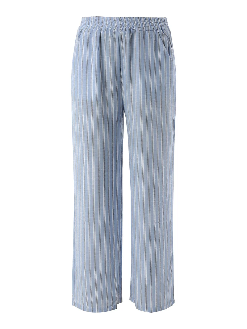 Pantaloni donna a righe in misto lino - azzurro