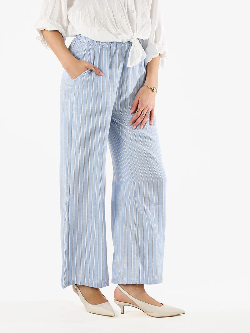 Pantaloni donna a righe in misto lino - azzurro