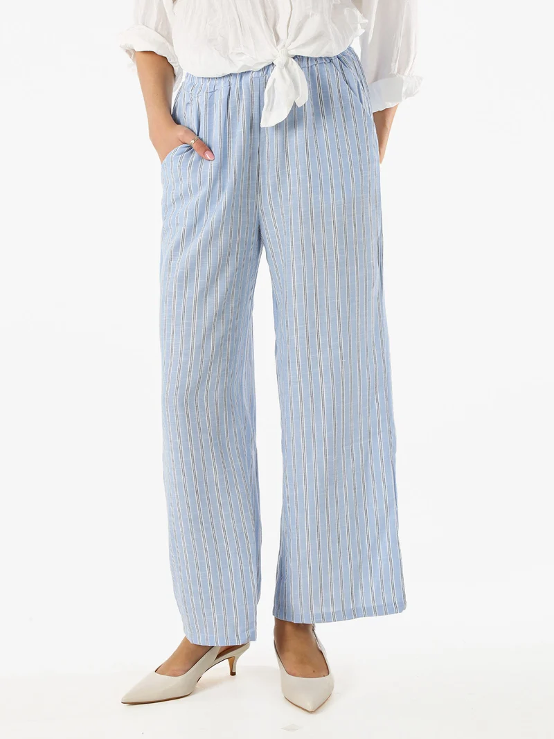 Pantaloni donna a righe in misto lino - azzurro