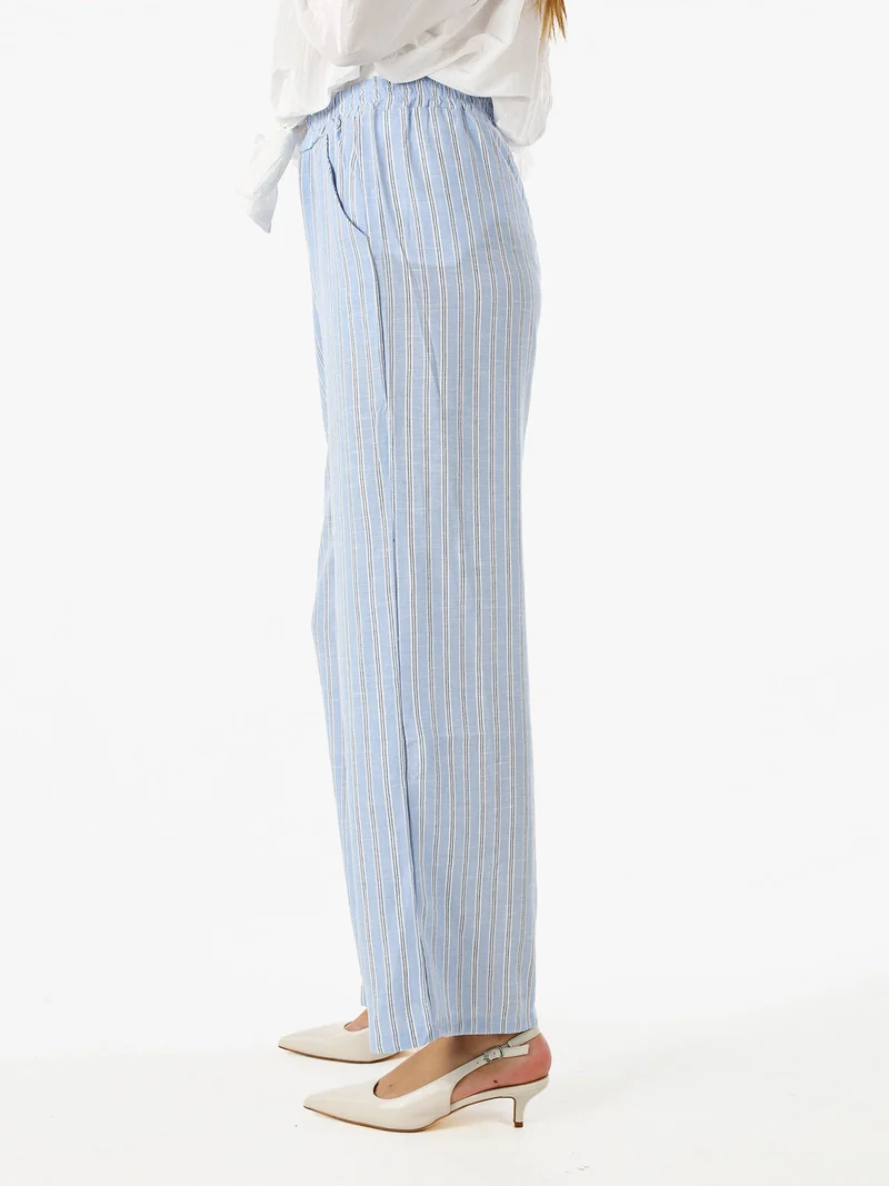 Pantaloni donna a righe in misto lino - azzurro