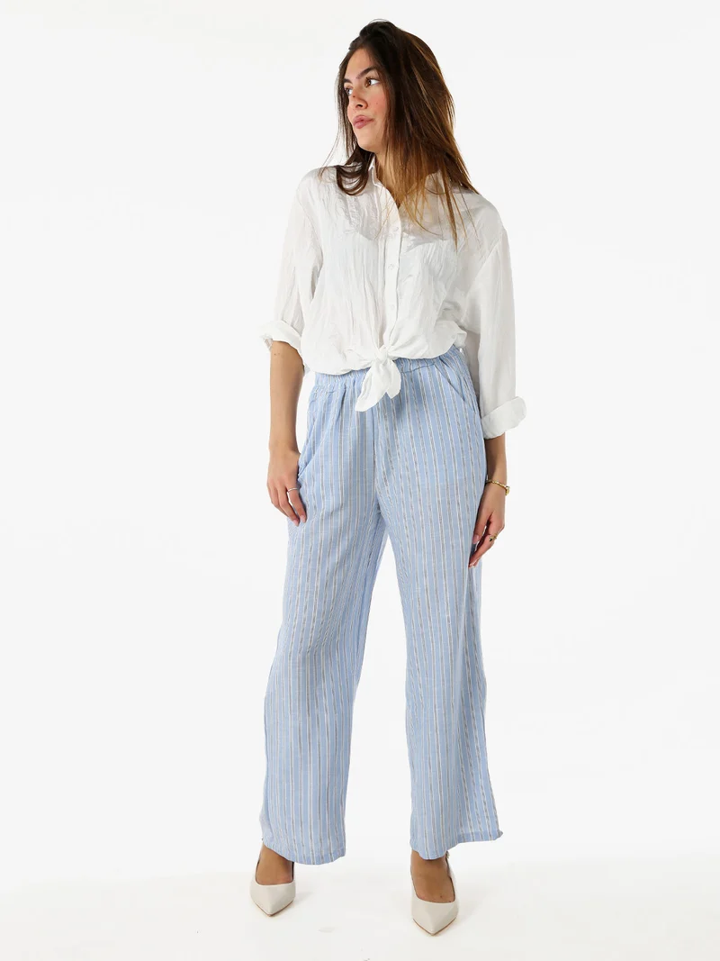 Pantaloni donna a righe in misto lino - azzurro