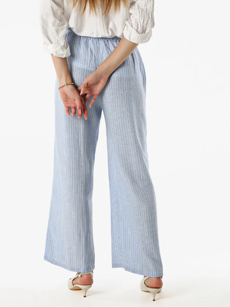 Pantaloni donna a righe in misto lino - azzurro