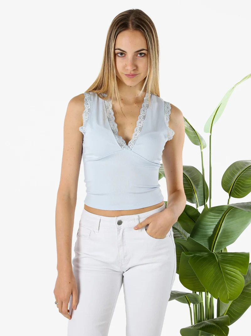 Top donna elasticizzato con dettagli di pizzo - azzurro