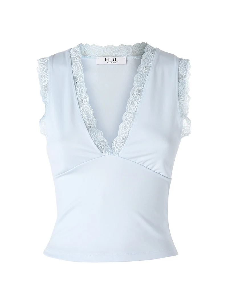 Top donna elasticizzato con dettagli di pizzo - azzurro