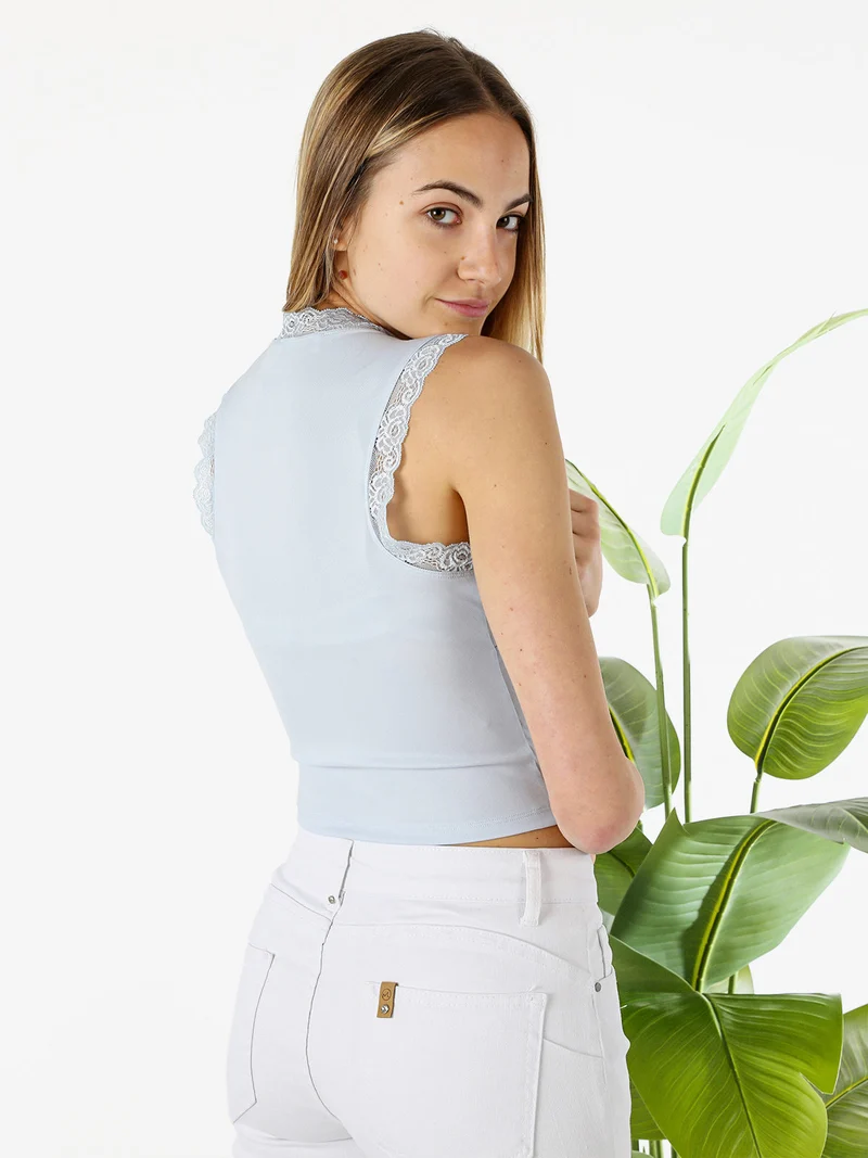 Top donna elasticizzato con dettagli di pizzo - azzurro