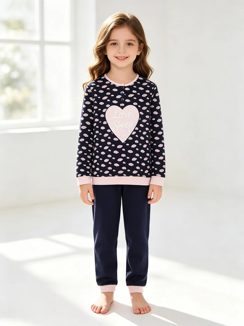 Pigiama lungo da bambina in cotone con stampe - blu scuro