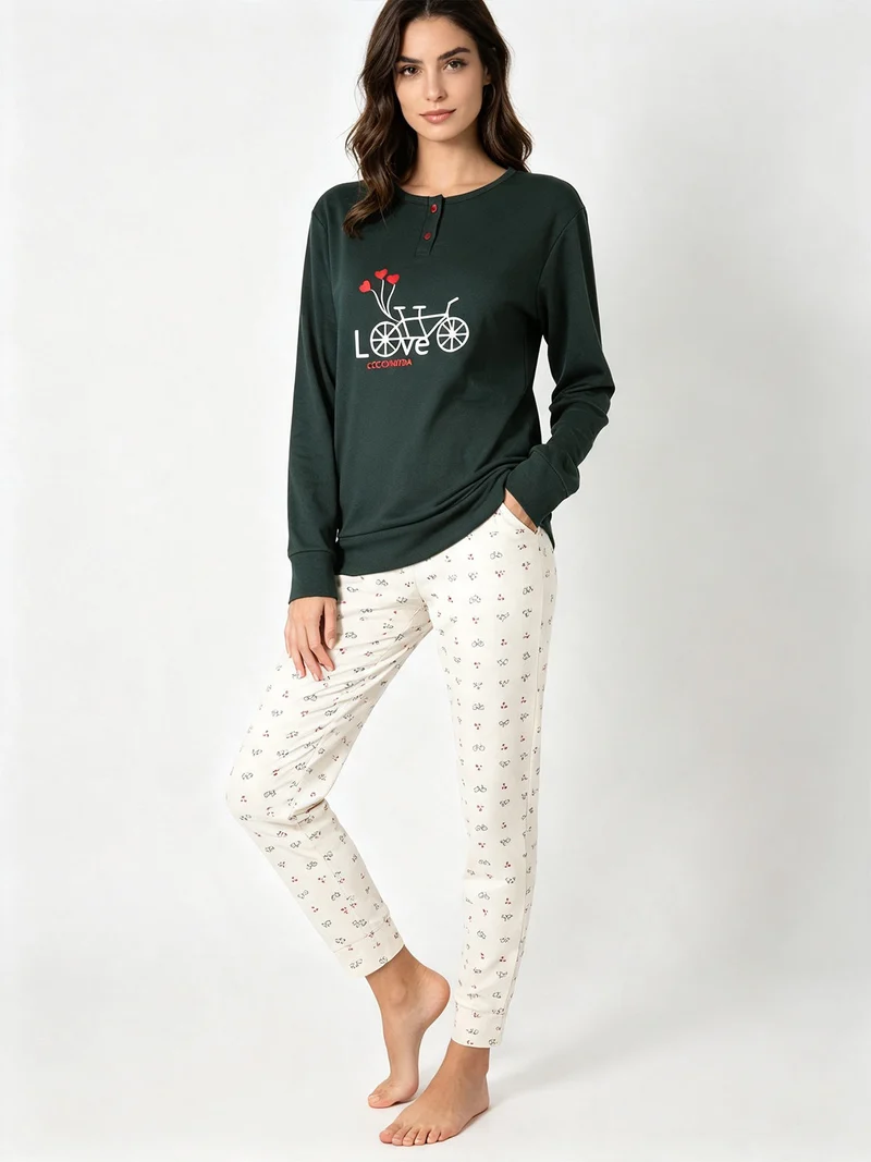 Pigiama donna in cotone con stampe - verde scuro