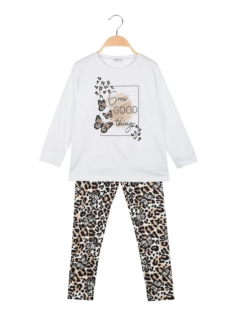Completo 2 pezzi da ragazza con leggings maculati - beige