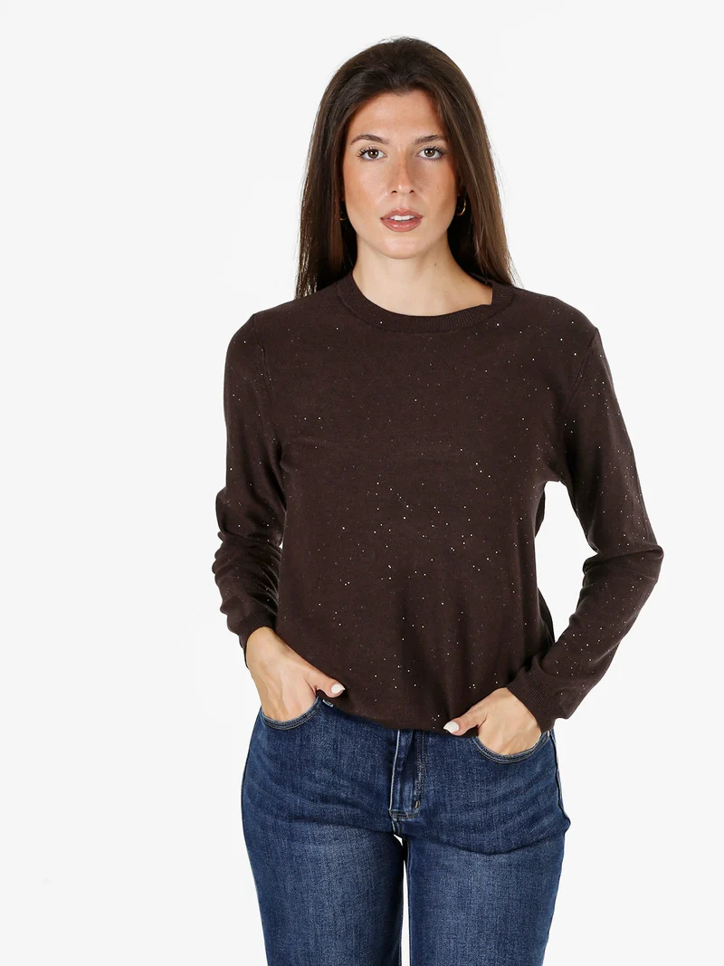Maglia girocollo da donna con mini paillettes - moro