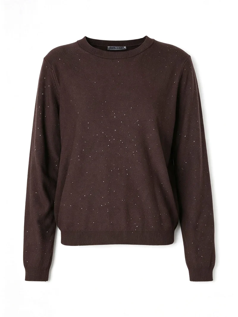 Maglia girocollo da donna con mini paillettes - moro