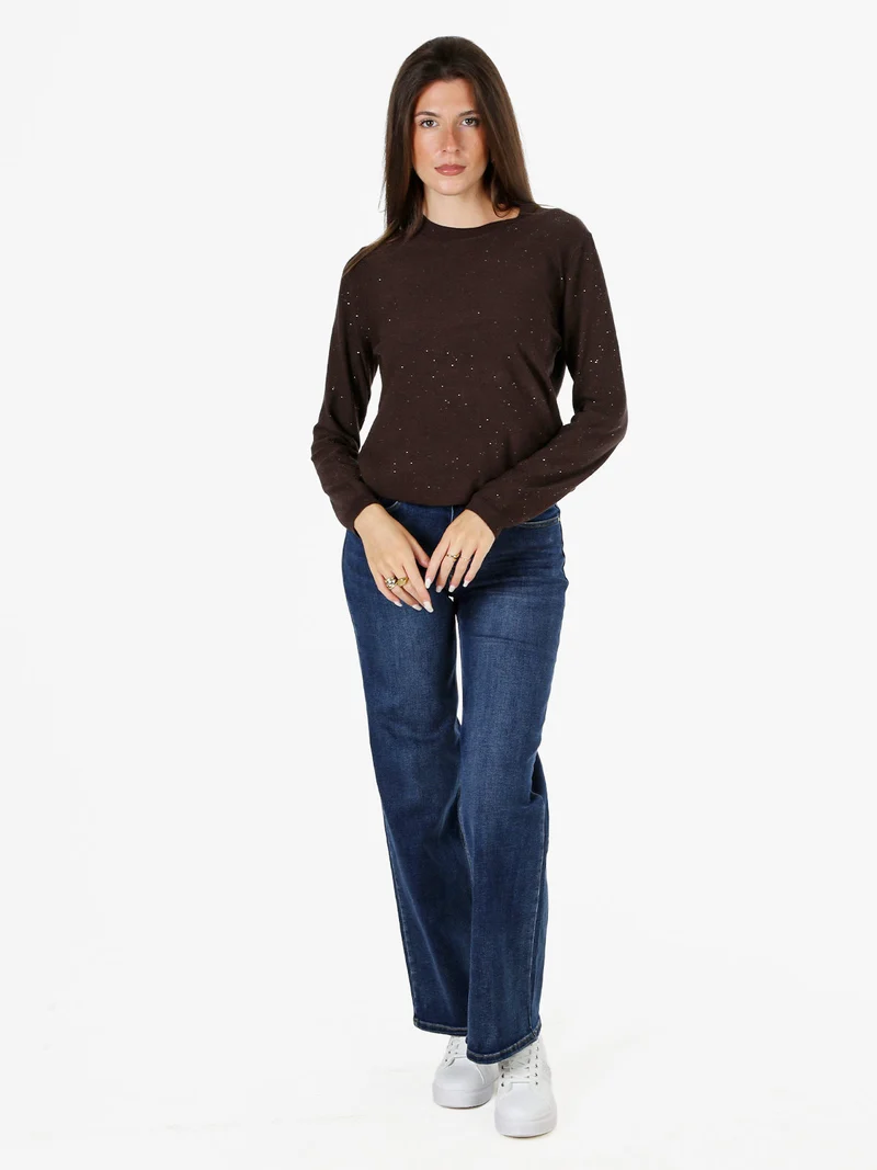 Maglia girocollo da donna con mini paillettes - moro