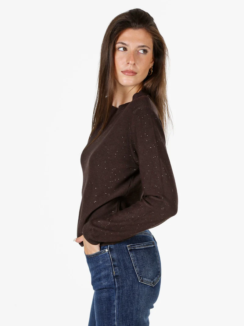 Maglia girocollo da donna con mini paillettes - moro