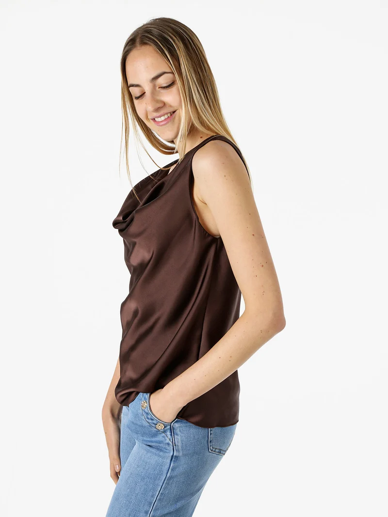 Top donna effetto raso con scollo a cascata - moro