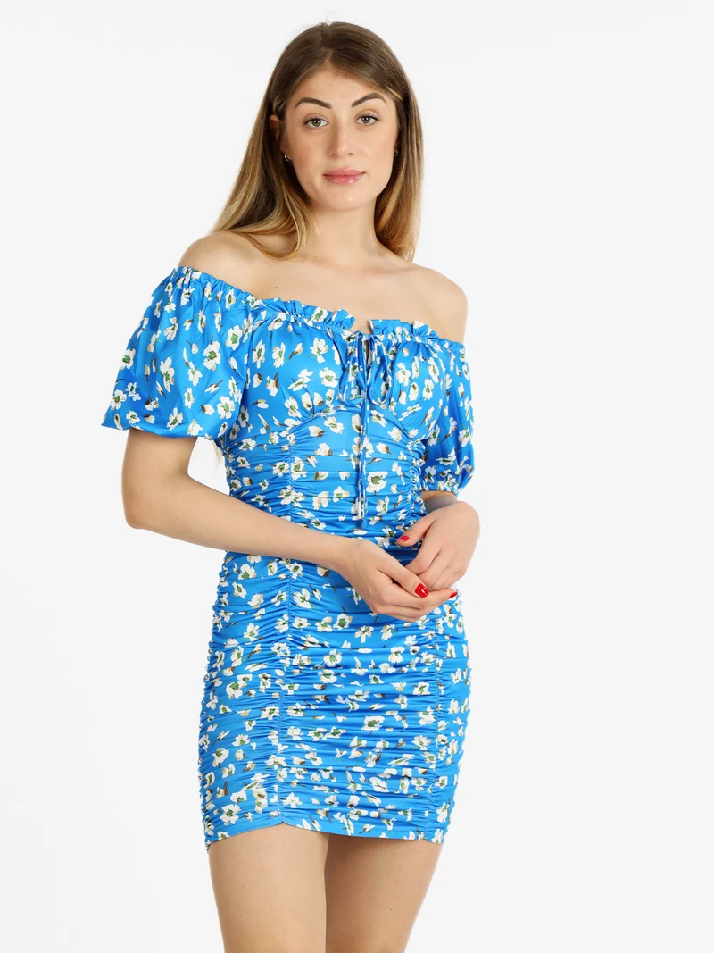 Abito donna a tubino drappeggiato con stampa - blu