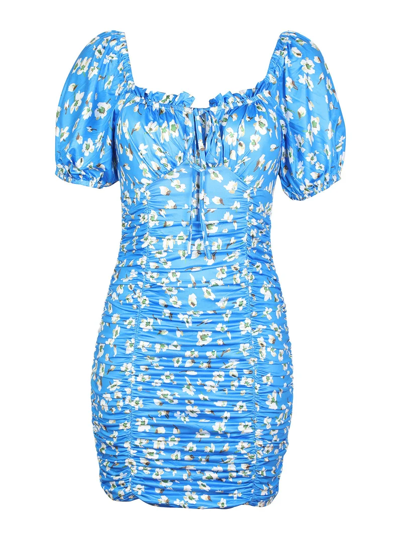 Abito donna a tubino drappeggiato con stampa - blu