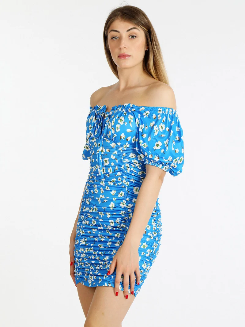 Abito donna a tubino drappeggiato con stampa - blu