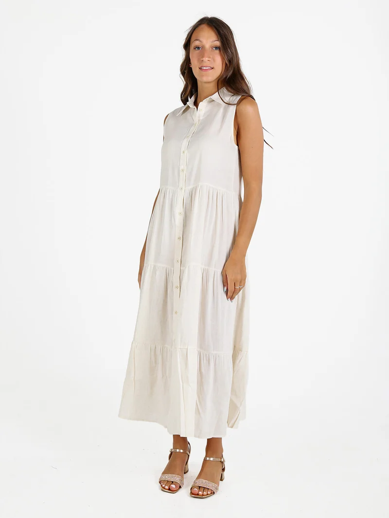 Abito donna a camicia in misto lino senza maniche - beige