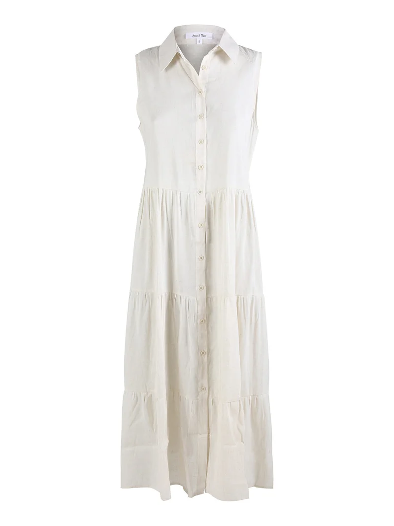 Abito donna a camicia in misto lino senza maniche - beige