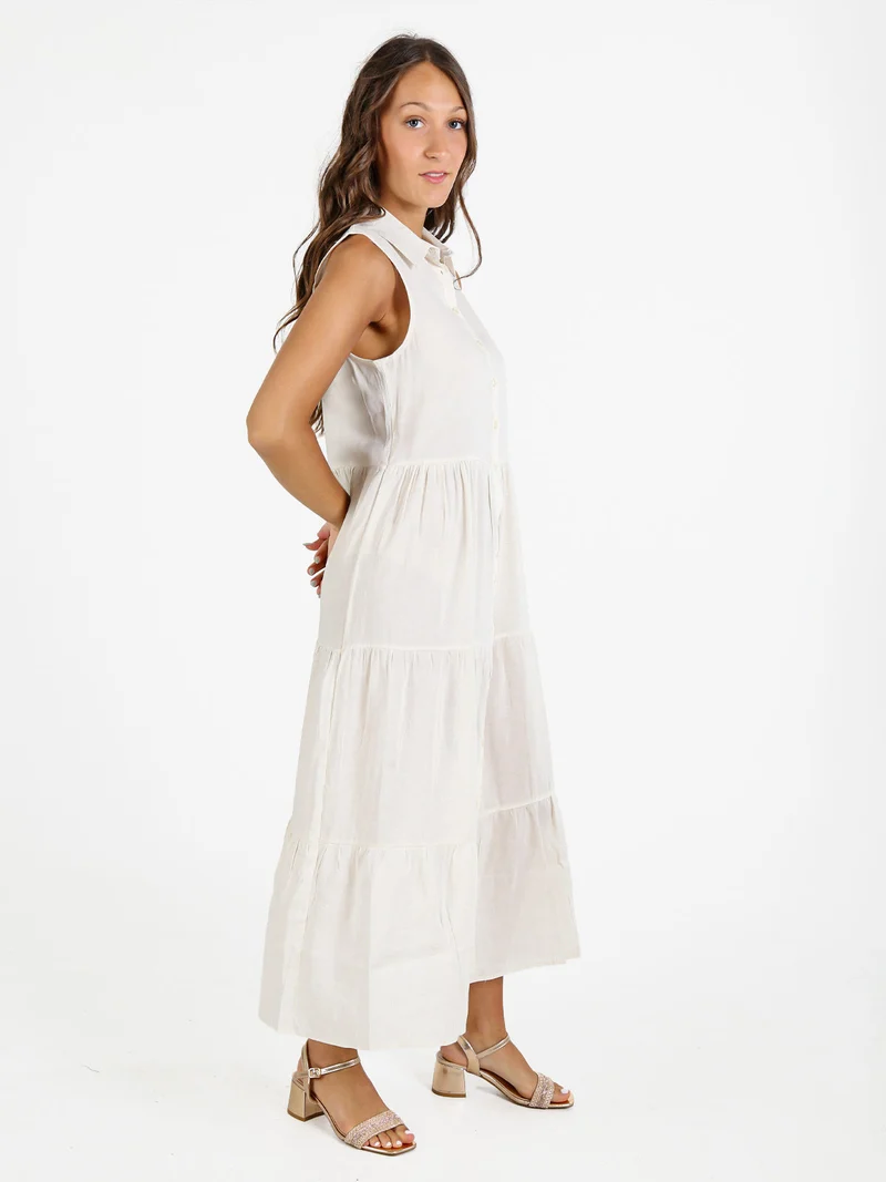 Abito donna a camicia in misto lino senza maniche - beige