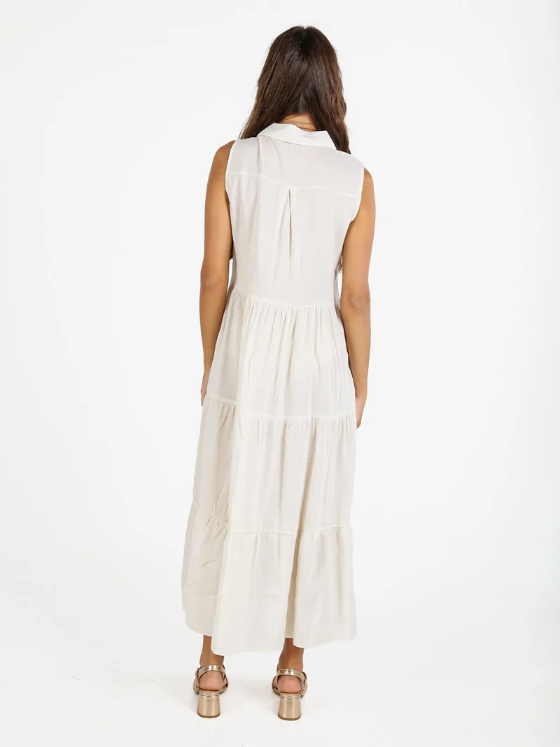 Abito donna a camicia in misto lino senza maniche - beige