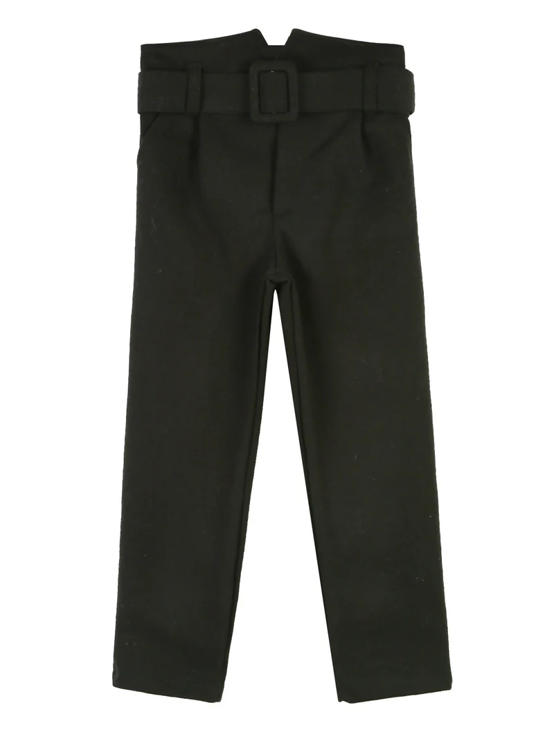 Pantaloni da bambina a vita alta con cintura - nero