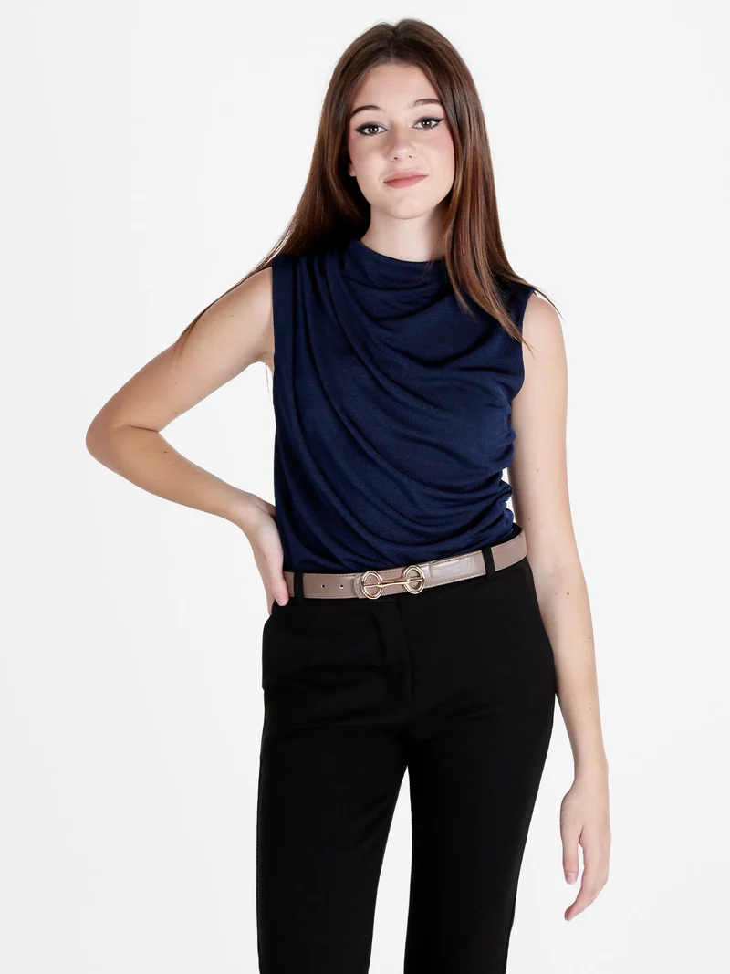 Top donna drappeggiato con scollo a cascata - blu