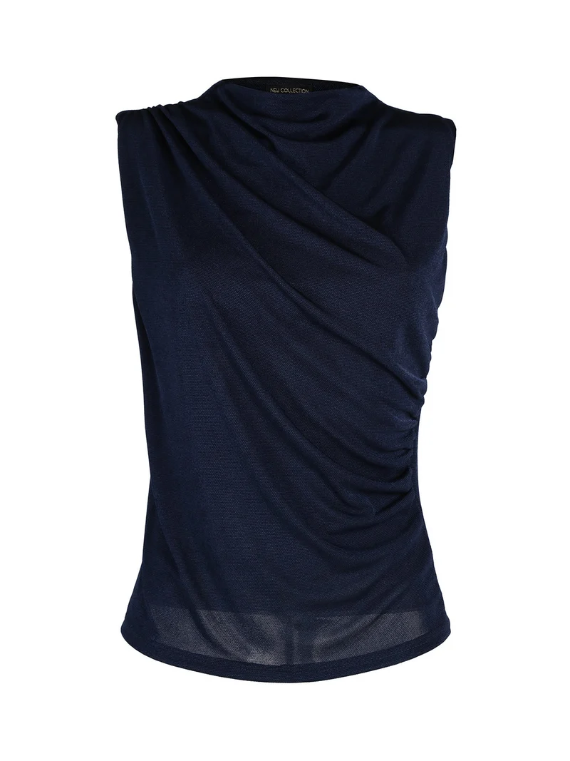 Top donna drappeggiato con scollo a cascata - blu